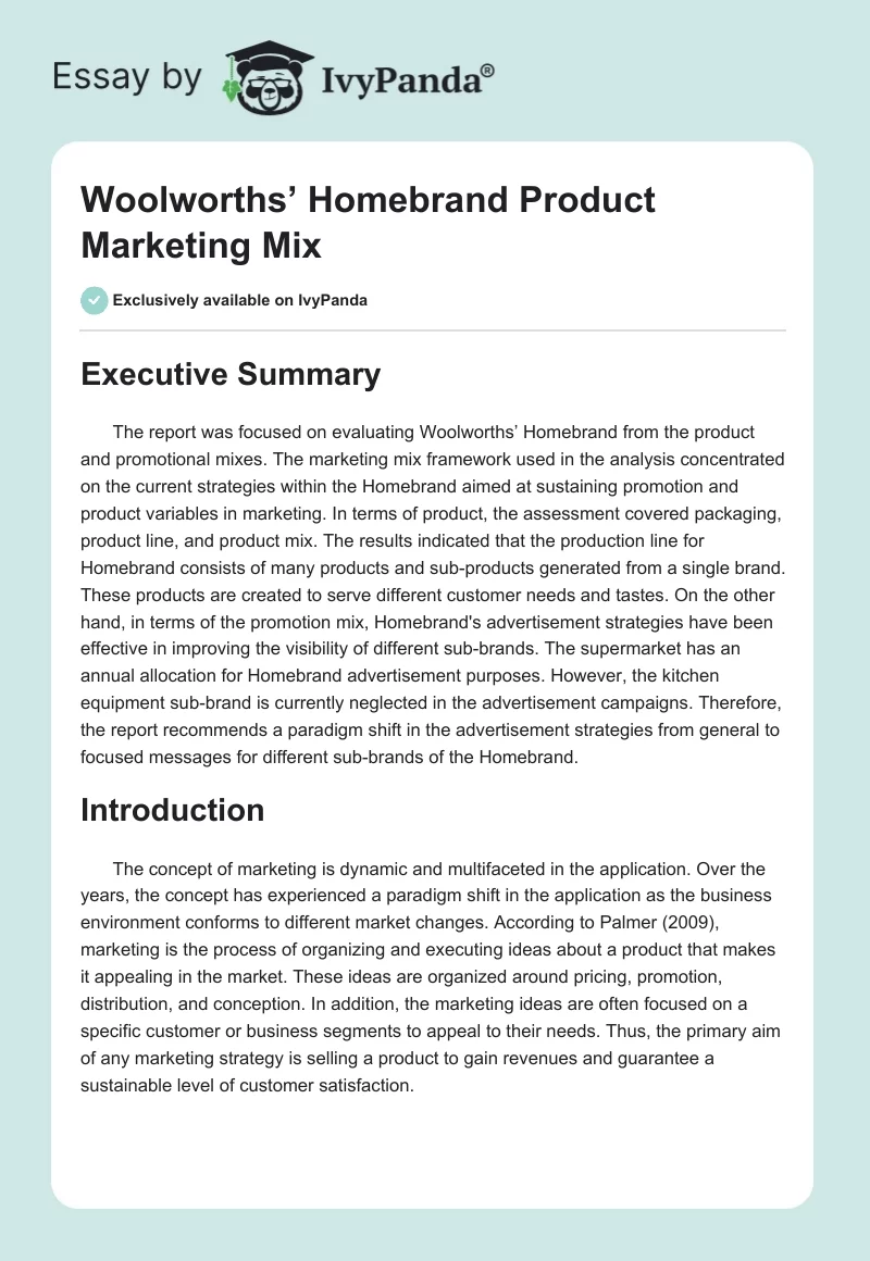 Woolworths’ Homebrand Product Marketing Mix. Page 1