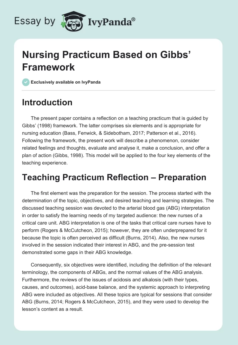Nursing Practicum Based on Gibbs’ Framework. Page 1