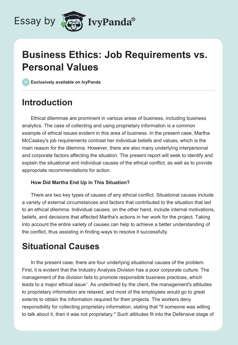 Business Ethics: Job Requirements vs. Personal Values. Page 1