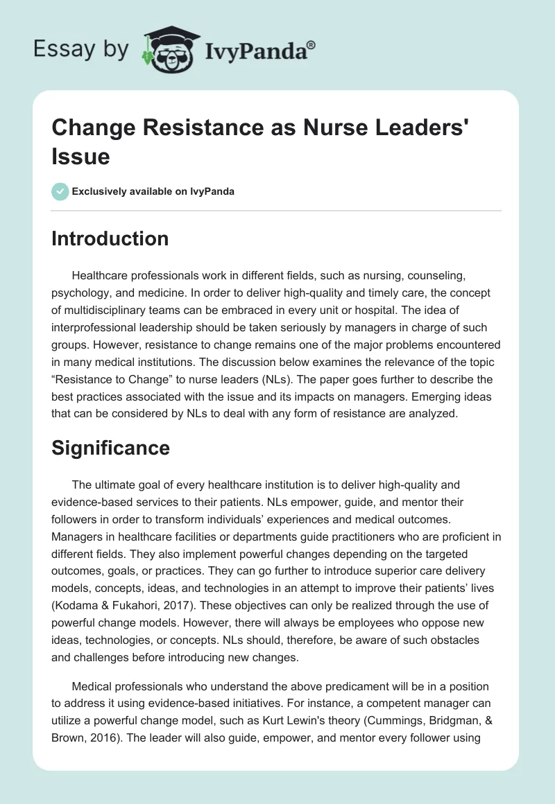 Change Resistance as Nurse Leaders' Issue. Page 1