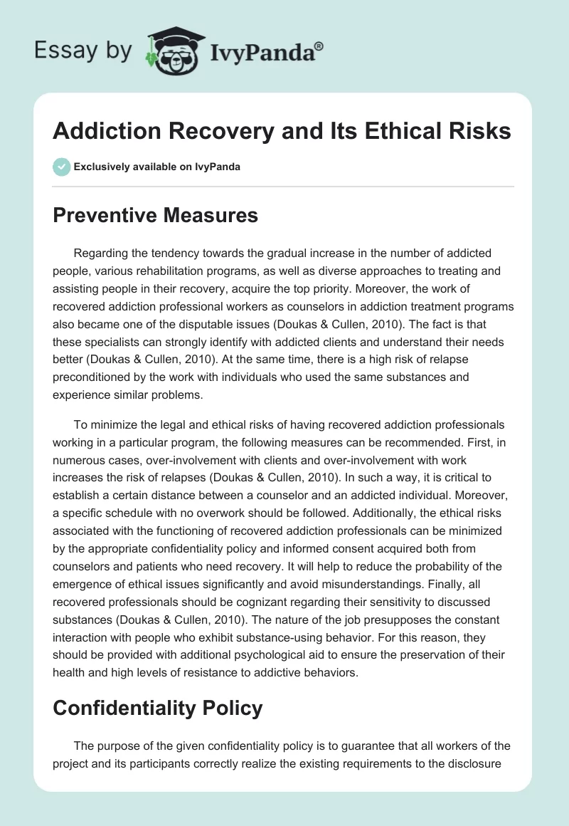 Addiction Recovery and Its Ethical Risks. Page 1