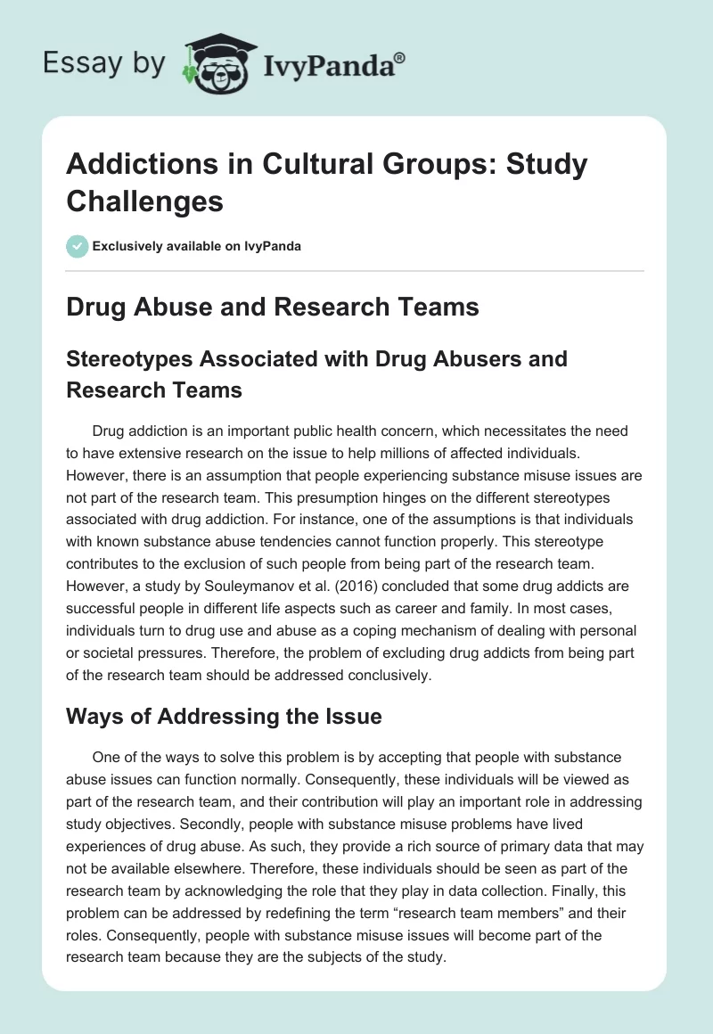 Addictions in Cultural Groups: Study Challenges. Page 1