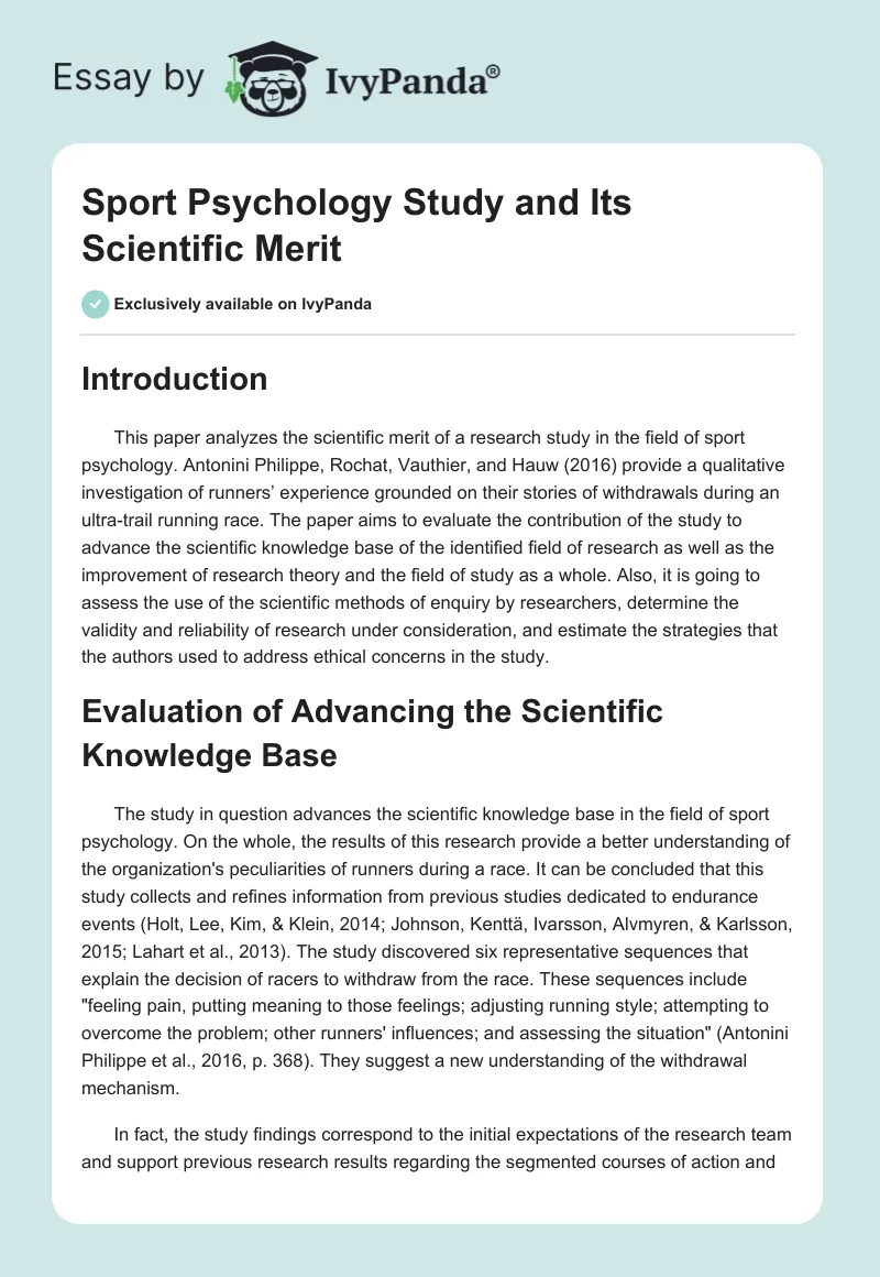 Sport Psychology Study and Its Scientific Merit. Page 1