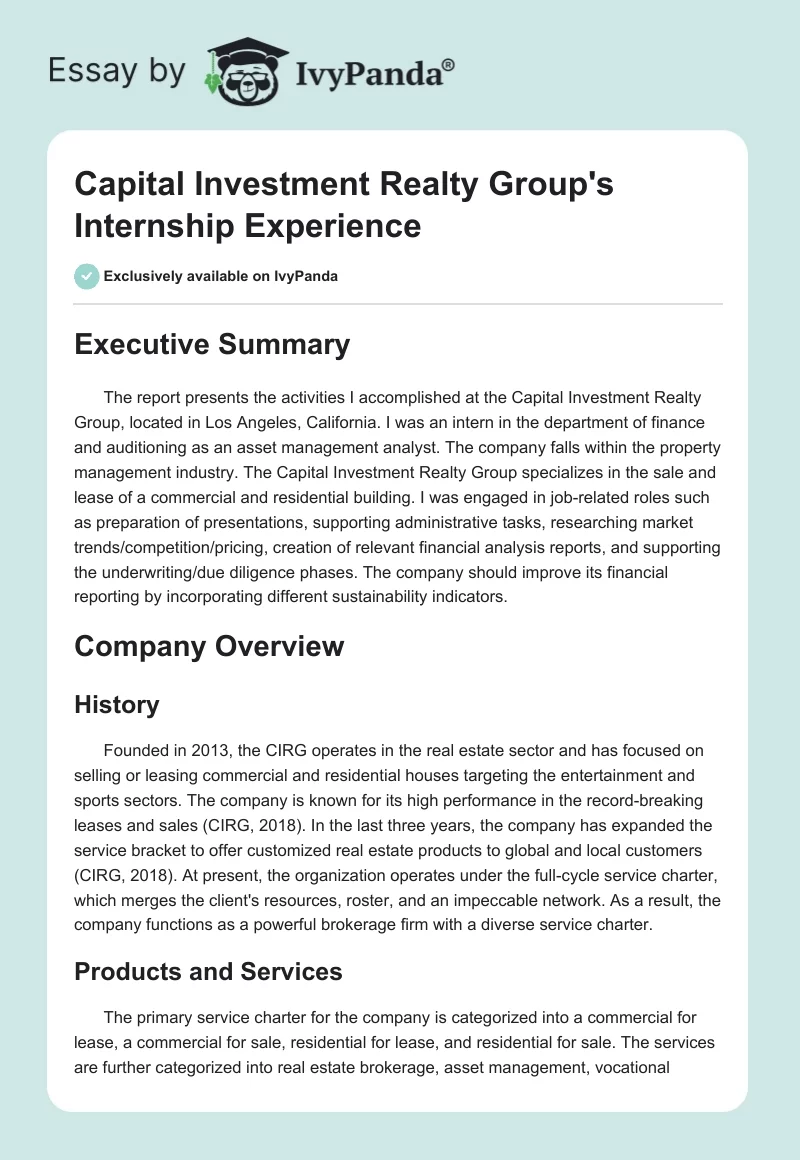 Capital Investment Realty Group's Internship Experience. Page 1