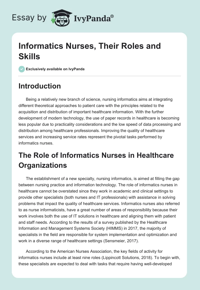 Informatics Nurses, Their Roles and Skills. Page 1