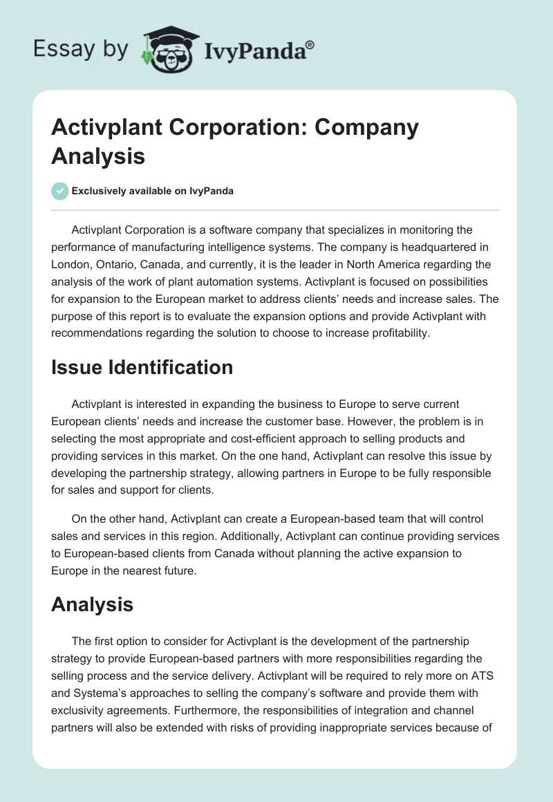 Activplant Corporation: Company Analysis. Page 1