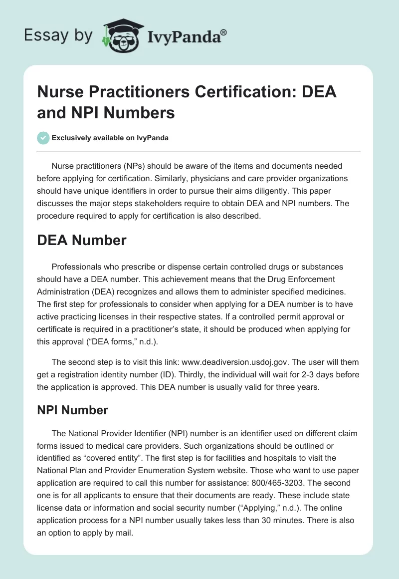 Nurse Practitioners Certification: DEA and NPI Numbers. Page 1