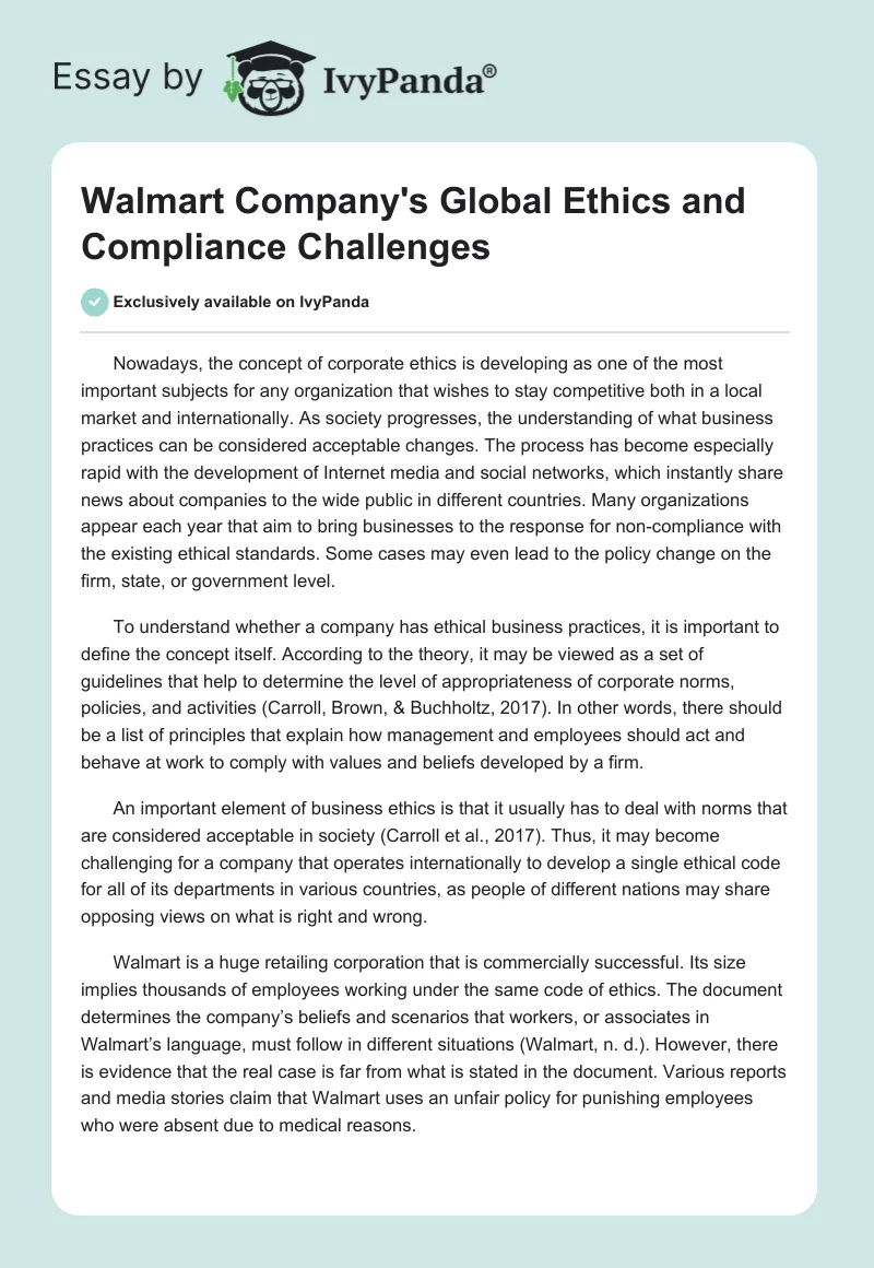 Walmart Company's Global Ethics and Compliance Challenges. Page 1