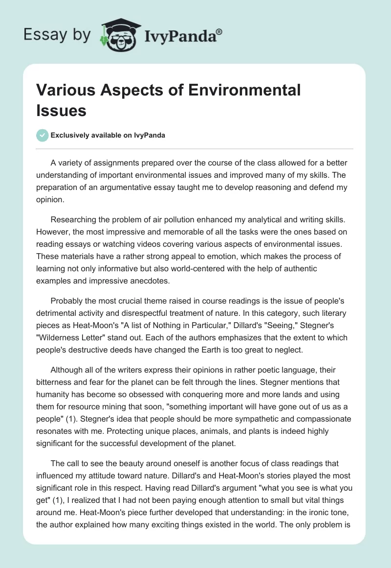 Various Aspects of Environmental Issues. Page 1