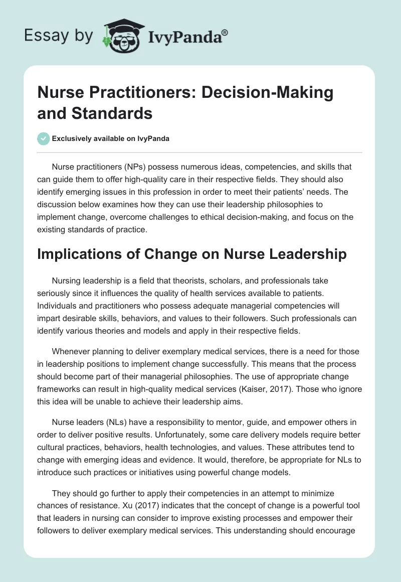 Nurse Practitioners: Decision-Making and Standards. Page 1