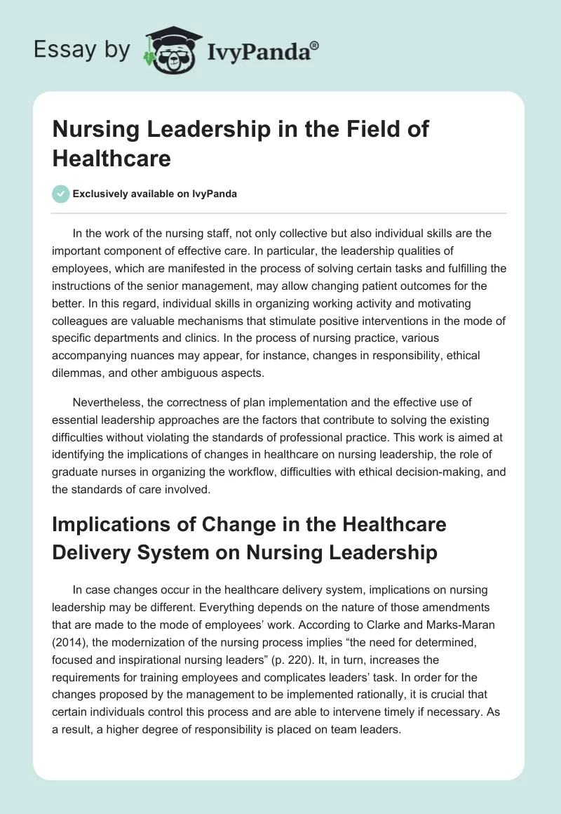 Nursing Leadership in the Field of Healthcare. Page 1