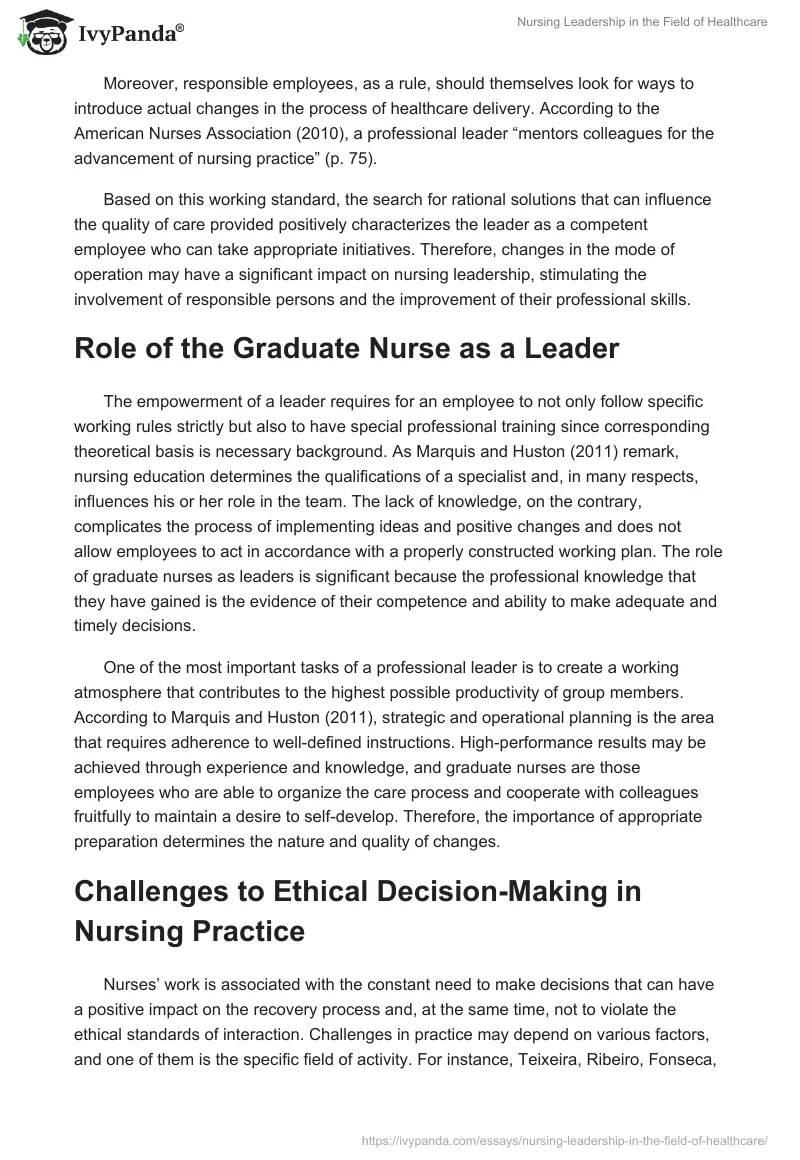 Nursing Leadership in the Field of Healthcare. Page 2