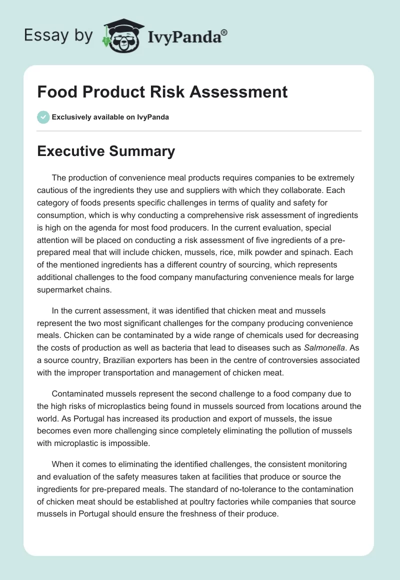 Food Product Risk Assessment. Page 1