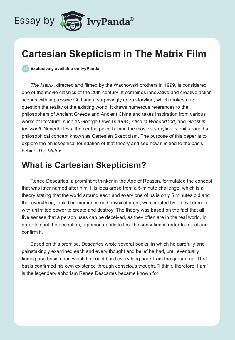 Cartesian Skepticism in "The Matrix" Film. Page 1
