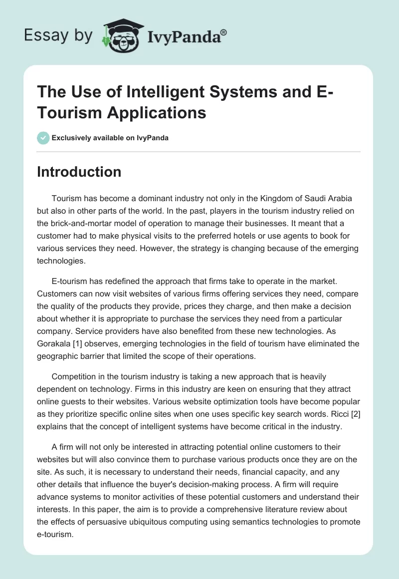 The Use of Intelligent Systems and E-Tourism Applications. Page 1