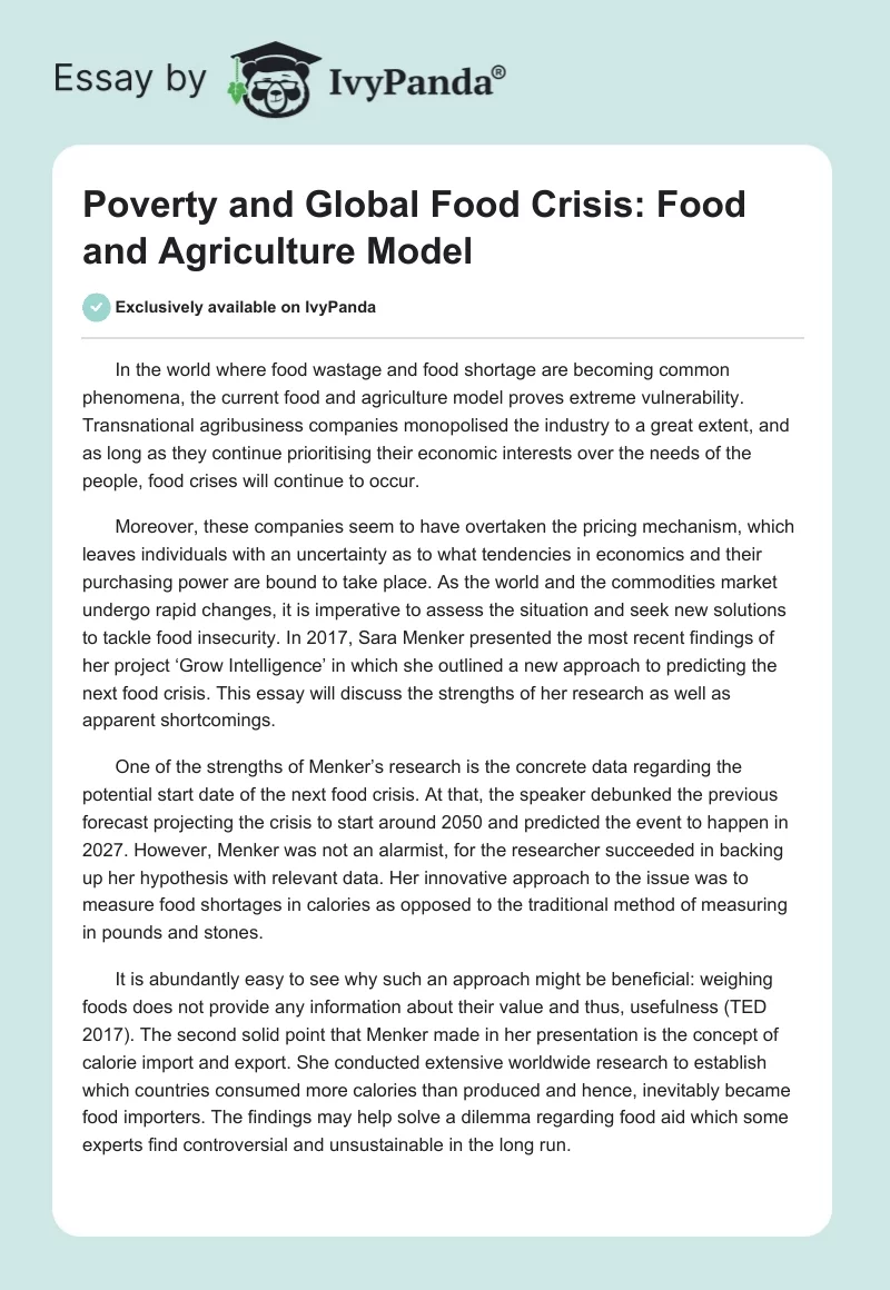 Poverty and Global Food Crisis: Food and Agriculture Model. Page 1