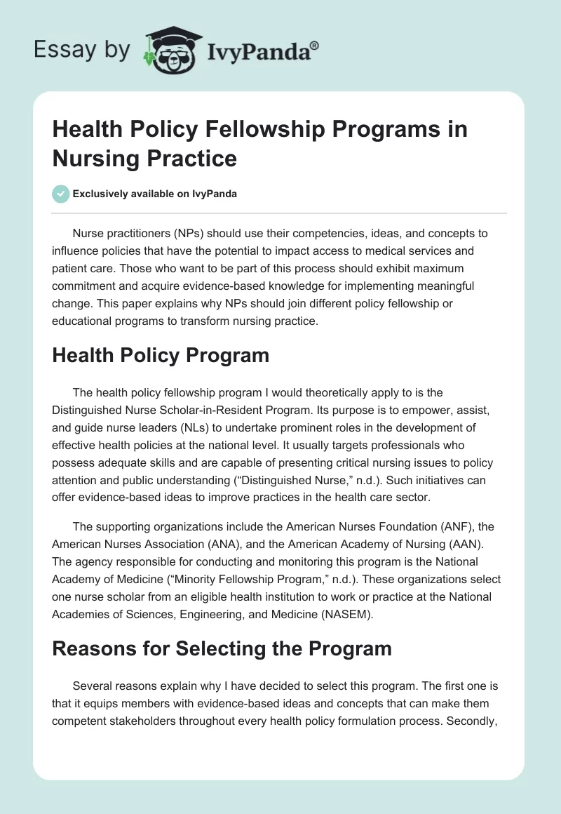 Health Policy Fellowship Programs in Nursing Practice. Page 1