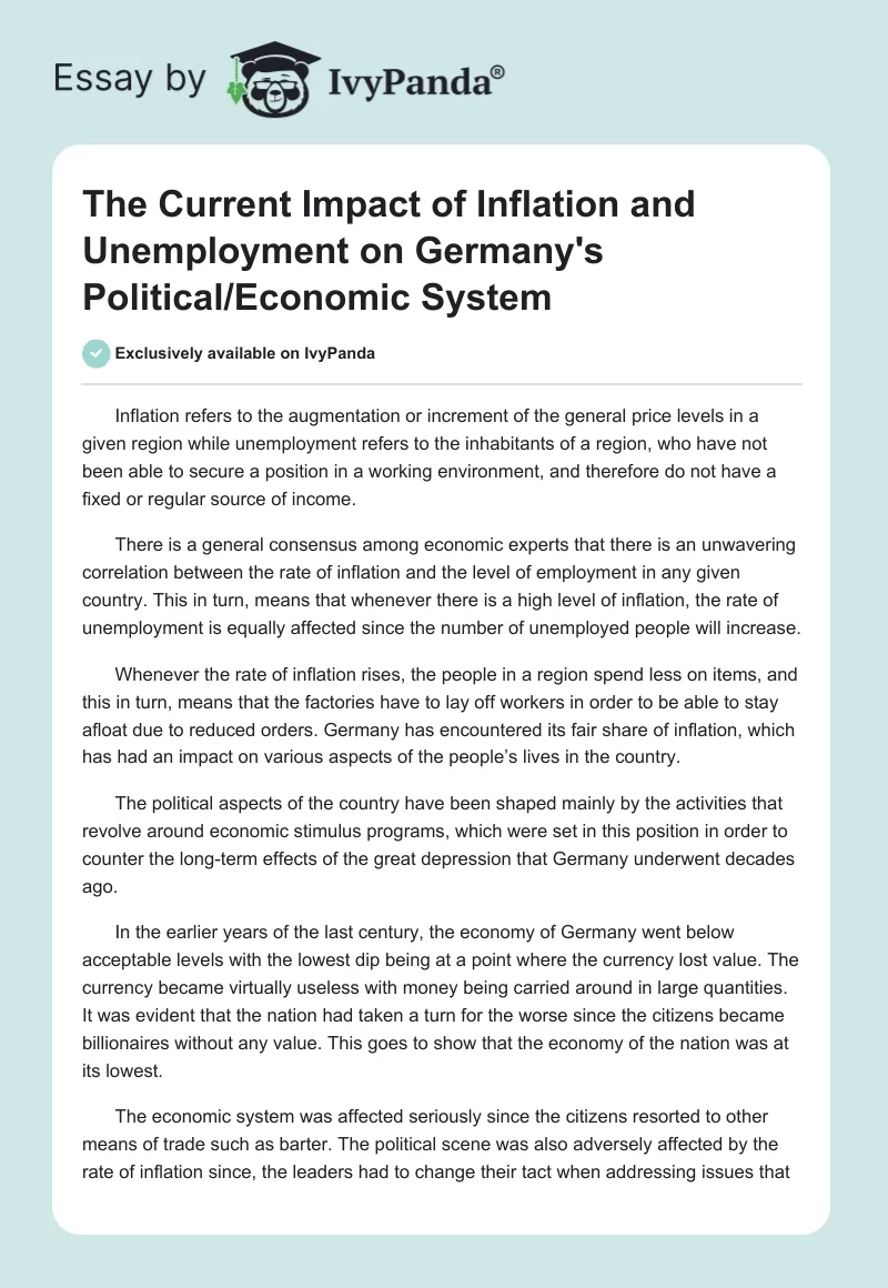 The Current Impact of Inflation and Unemployment on Germany's Political/Economic System. Page 1