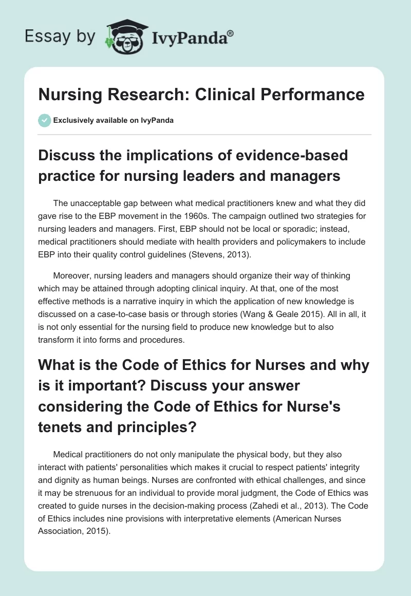 Nursing Research: Clinical Performance. Page 1