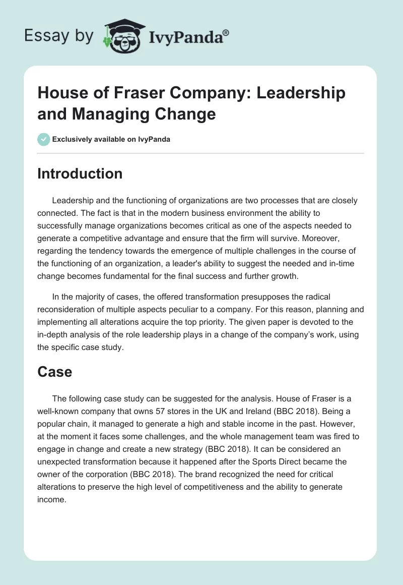 House of Fraser Company: Leadership and Managing Change. Page 1
