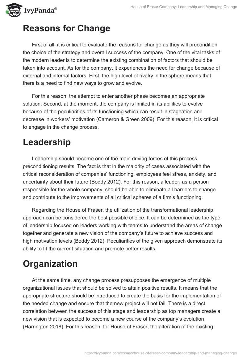 House of Fraser Company: Leadership and Managing Change. Page 2