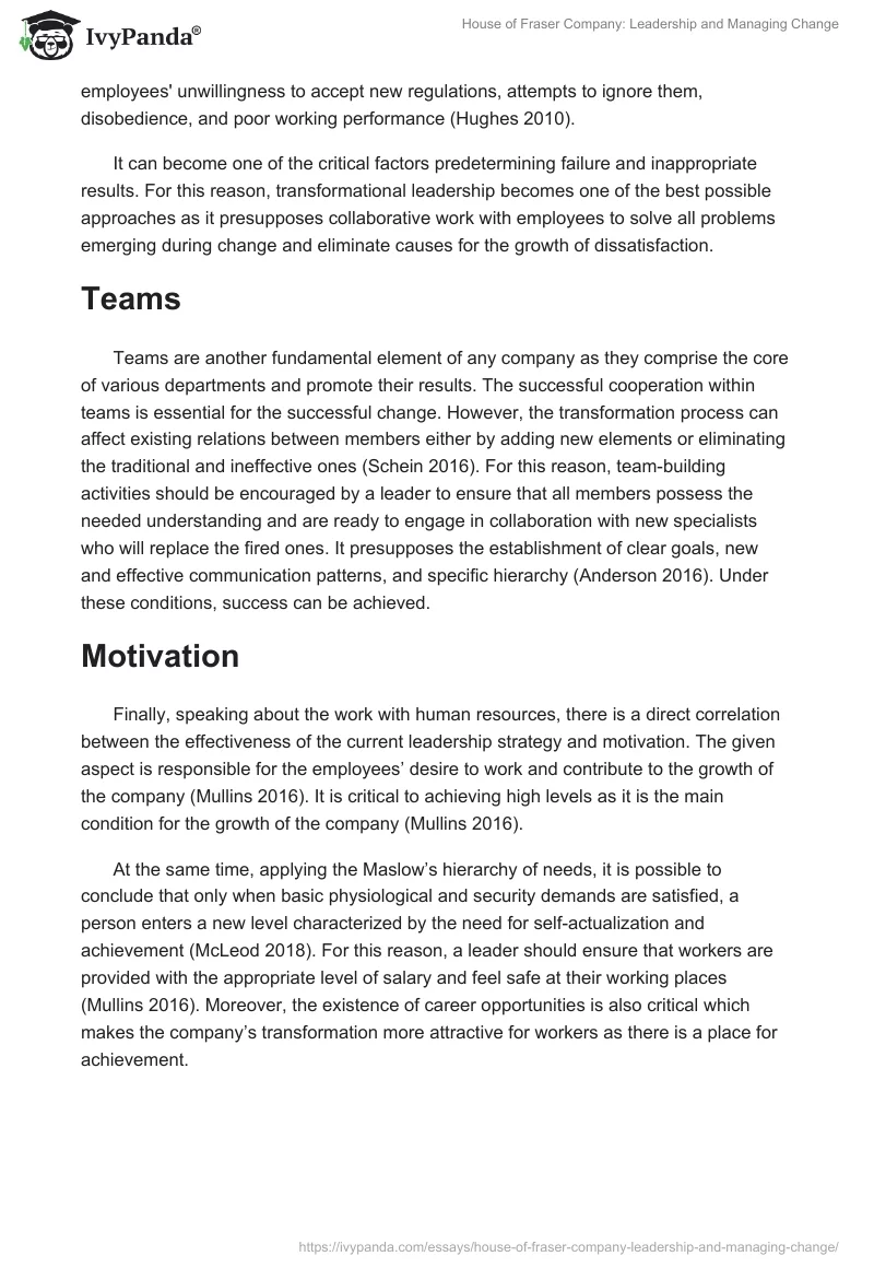 House of Fraser Company: Leadership and Managing Change. Page 4