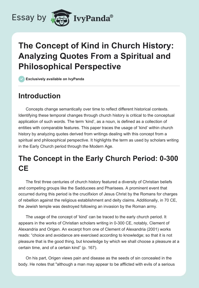The Concept of Kind in Church History: Analyzing Quotes From a Spiritual and Philosophical Perspective. Page 1