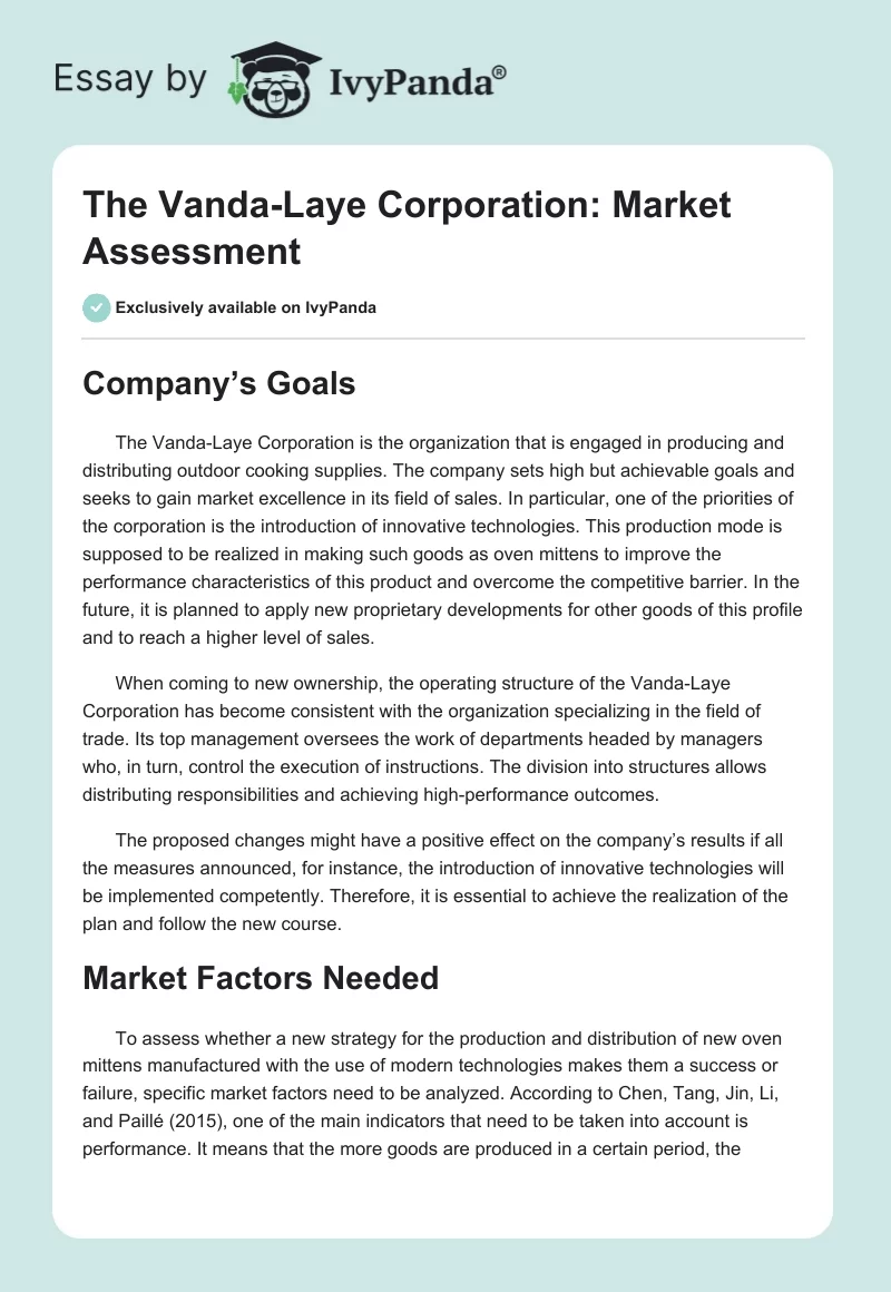 The Vanda-Laye Corporation: Market Assessment. Page 1