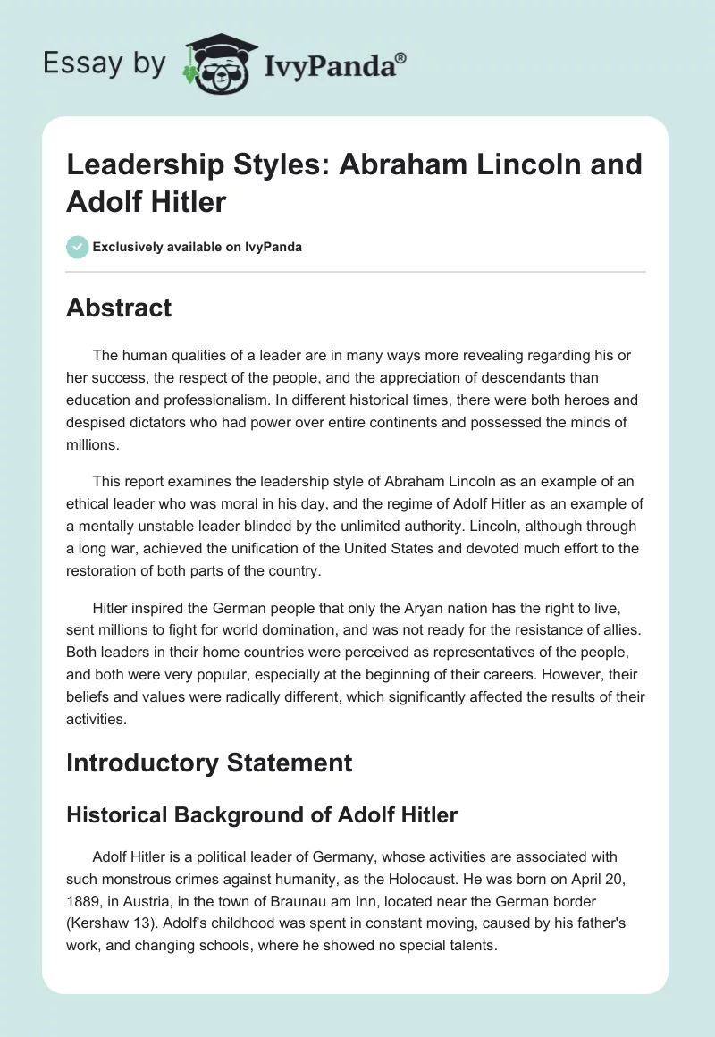 Leadership Styles: Abraham Lincoln and Adolf Hitler. Page 1