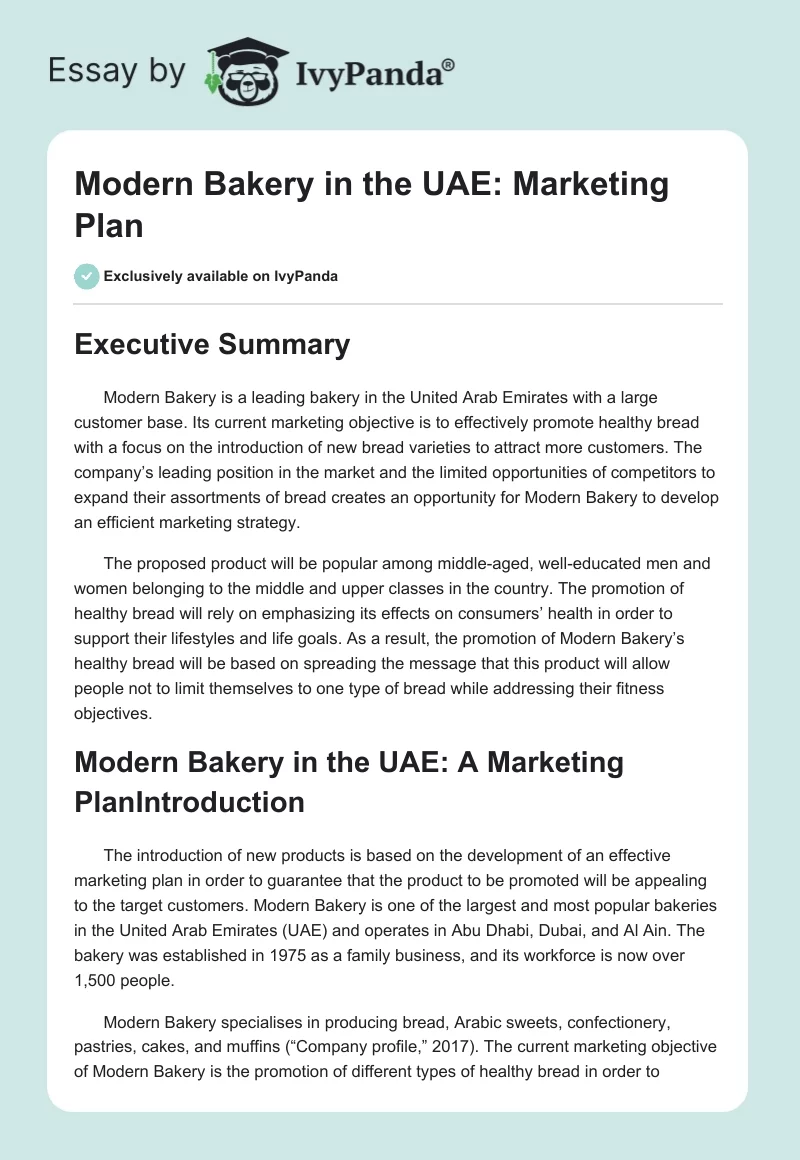 Modern Bakery in the UAE: Marketing Plan. Page 1