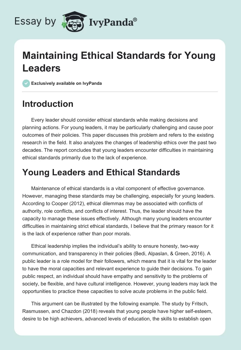 Maintaining Ethical Standards for Young Leaders. Page 1