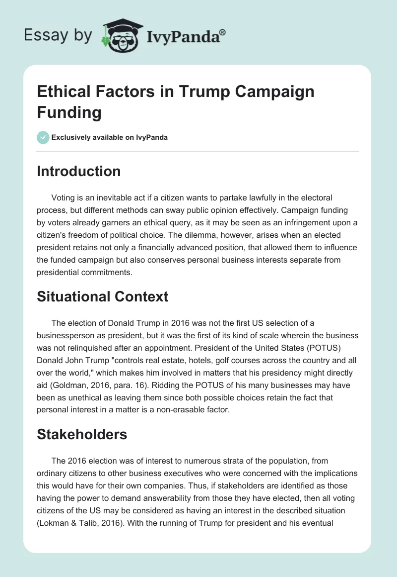 Ethical Factors in Trump Campaign Funding. Page 1
