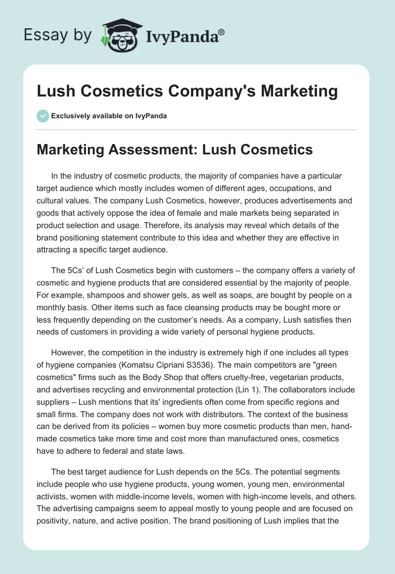 Lush Cosmetics Company's Marketing. Page 1