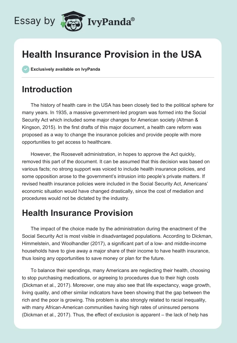 Health Insurance Provision in the USA. Page 1