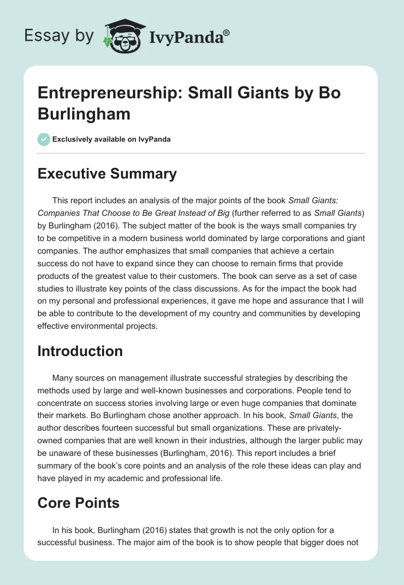 Entrepreneurship: "Small Giants" by Bo Burlingham. Page 1