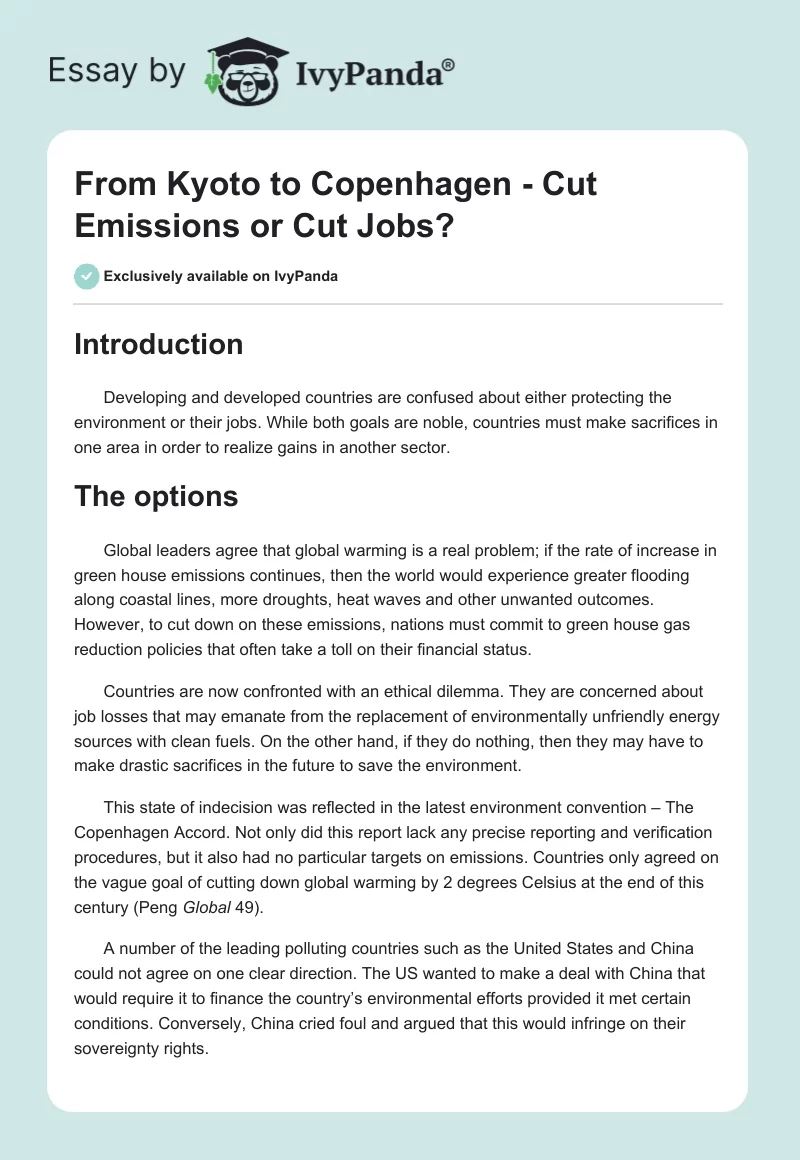 From Kyoto to Copenhagen - Cut Emissions or Cut Jobs?. Page 1