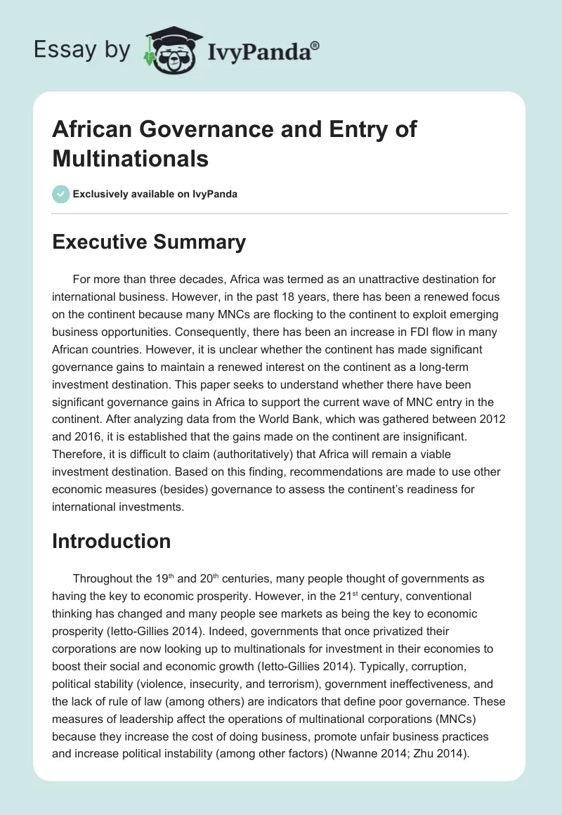 African Governance and Entry of Multinationals. Page 1