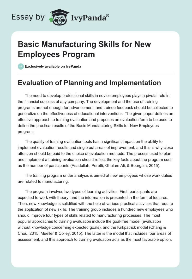 Basic Manufacturing Skills for New Employees Program. Page 1