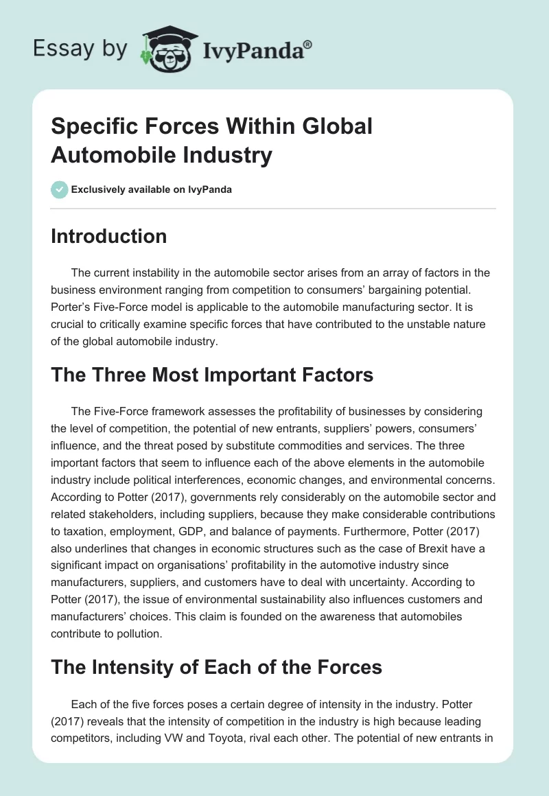 Specific Forces Within Global Automobile Industry. Page 1