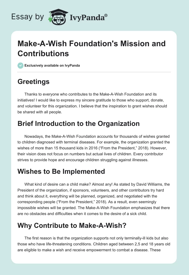 Make-A-Wish Foundation's Mission and Contributions. Page 1