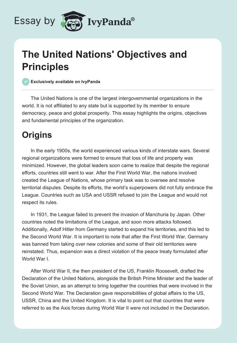 The United Nations' Objectives and Principles. Page 1