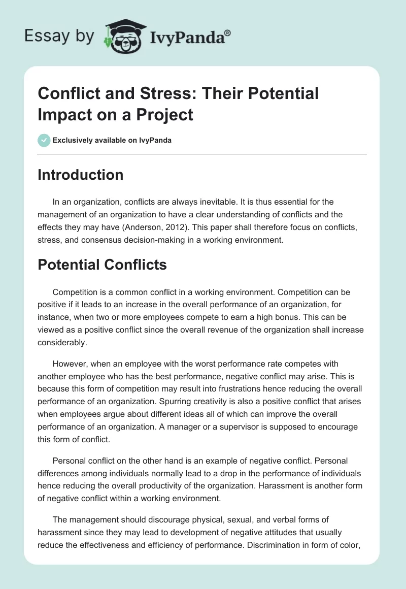 Conflict and Stress: Their Potential Impact on a Project. Page 1
