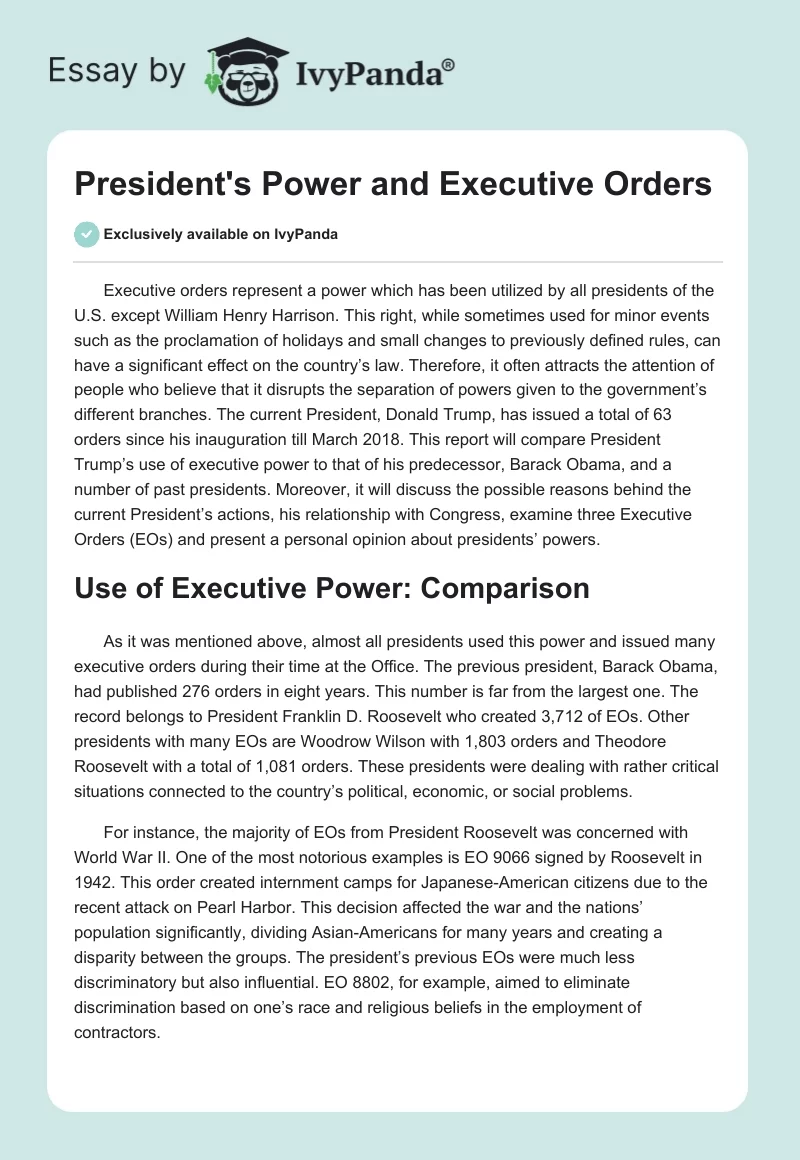 President's Power and Executive Orders. Page 1