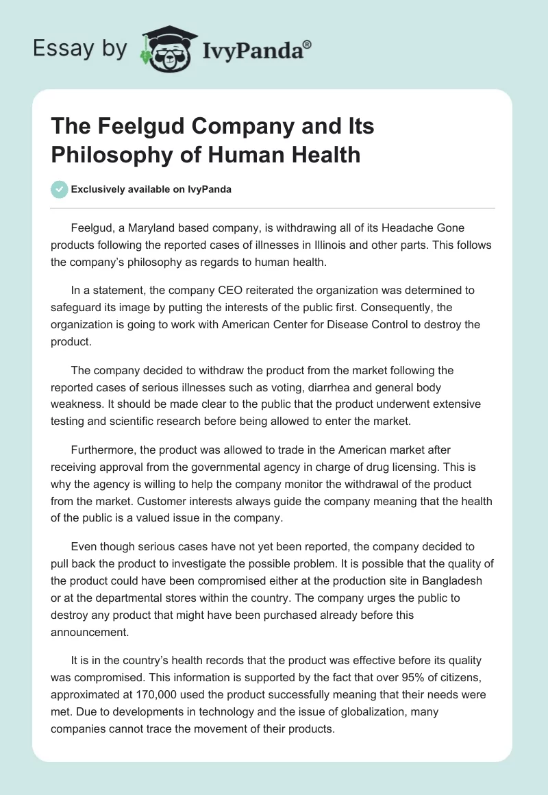 The Feelgud Company and Its Philosophy of Human Health. Page 1