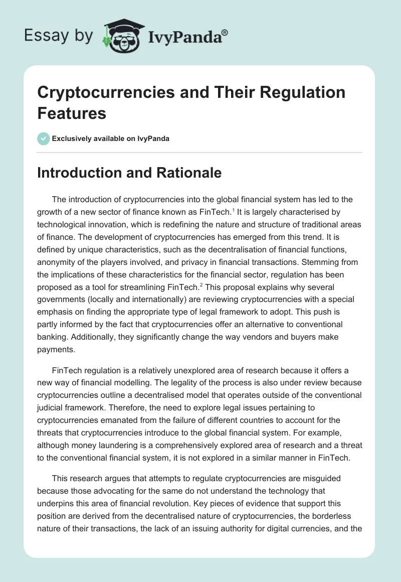 Cryptocurrencies and Their Regulation Features. Page 1