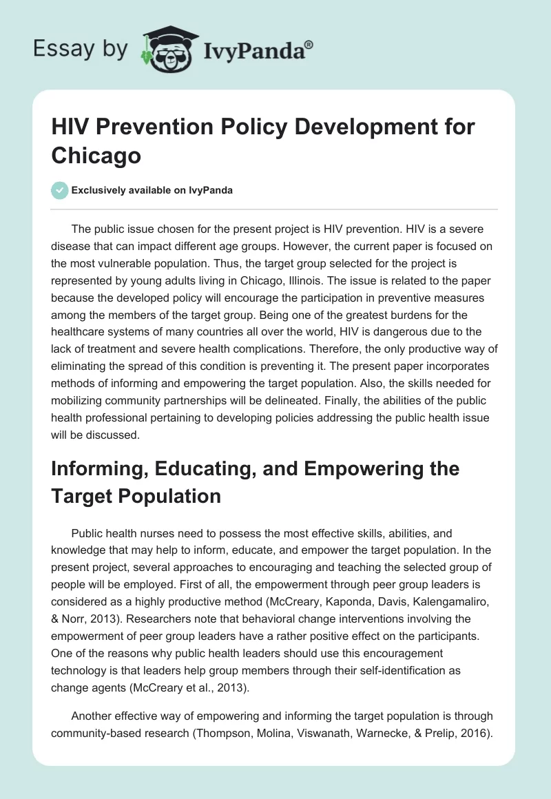 HIV Prevention Policy Development for Chicago. Page 1