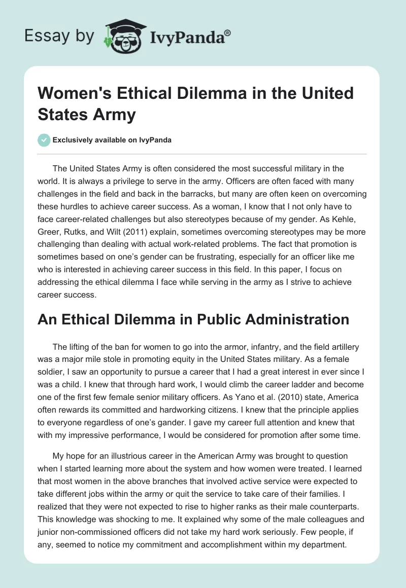 Women's Ethical Dilemma in the United States Army. Page 1