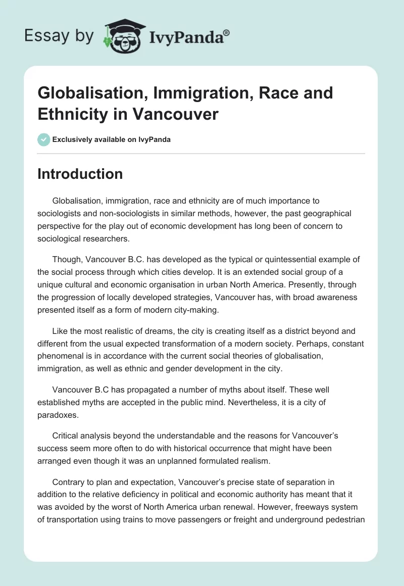 Globalisation, Immigration, Race and Ethnicity in Vancouver. Page 1