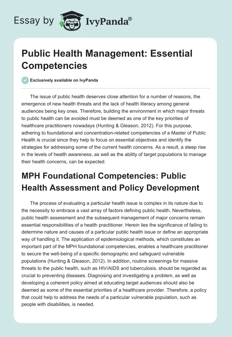 Public Health Management: Essential Competencies. Page 1