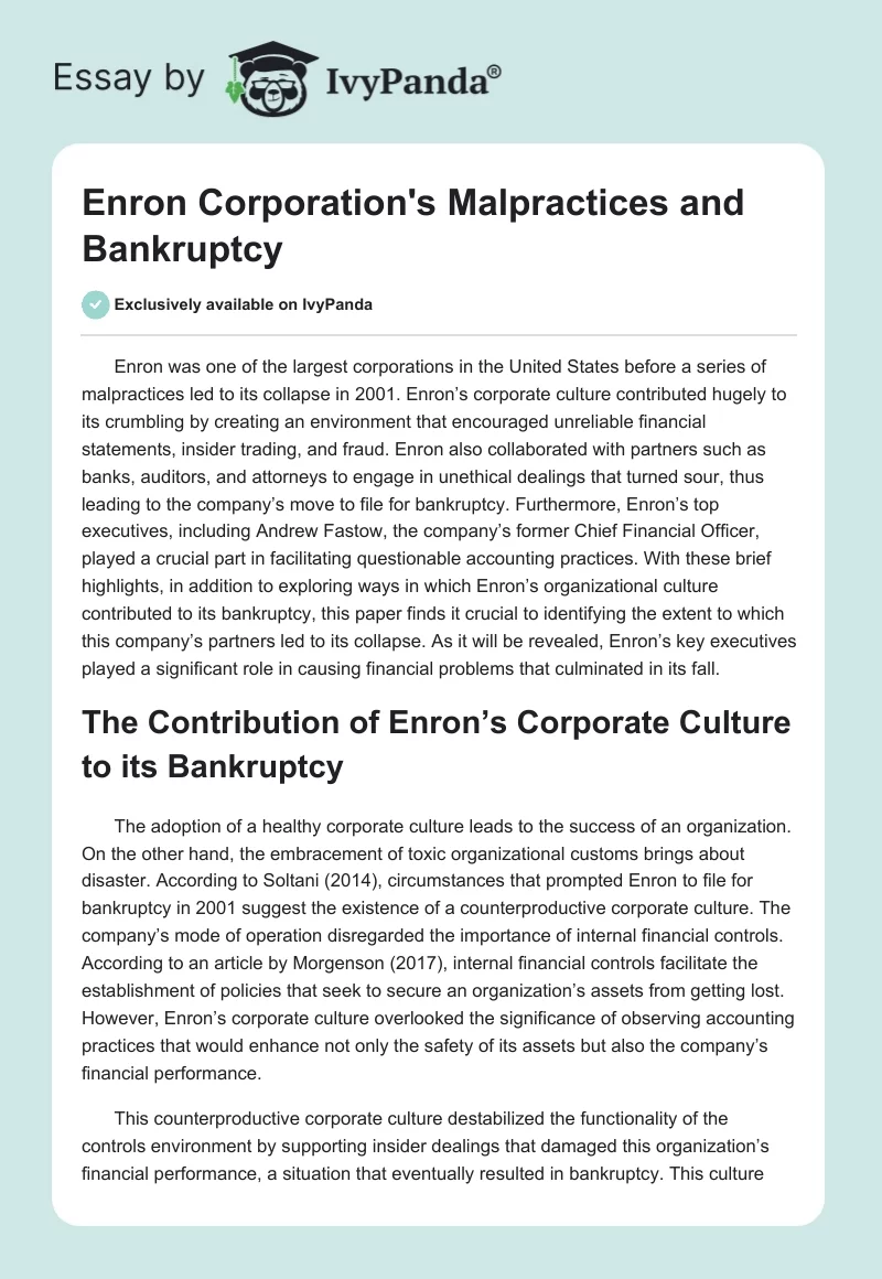 Enron Corporation's Malpractices and Bankruptcy. Page 1